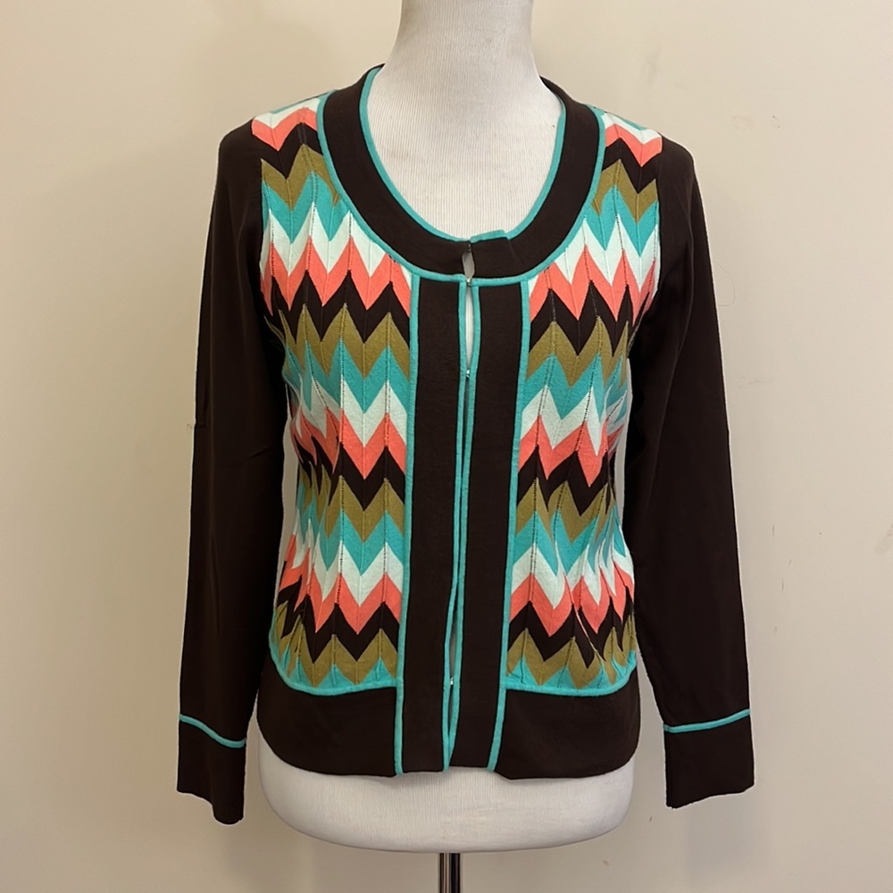Milly of New York Retro Brown Aqua Salmon Chevron Cardigan Size Large